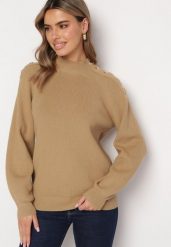 Beżowy Sweter Dzianinowy z Długim Rękawem i Guzikami Omes. Brązowe swetry klasyczne damskie Born2be, z dzianiny, bez kołnierzyka. Za 129.99 zł.