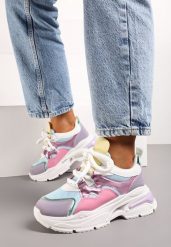 Różowo-Fioletowe Sneakersy na Grubej Podeszwie z Ozdobnymi Sznurówkami Robella. Czerwone obuwie sportowe damskie Born2be, ze splotem, bez zapięcia. Za 119.99 zł.