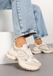 Beżowe Sneakersy na Grubej Tłoczonej Podeszwie z Geometrycznym Wzorem Deliorith. Brązowe obuwie sportowe damskie Born2be, bez zapięcia. Za 109.99 zł.