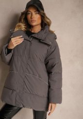 Ciemnoszara Kurtka Oversize z Pikowanymi Przeszyciami Kapturem Kieszeniami i Cyrkoniami Etairea. Szare kurtki damskie Renee, l, bez wzorów. Za 259.99 zł.