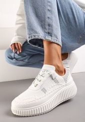 Białe Casualowe Sneakersy z Wiązaniem na Wzorzystej Grubej Podeszwie Aniata. Białe obuwie sportowe damskie Renee, z materiału, bez zapięcia. Za 74.99 zł.