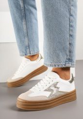 Złoto-Białe Sneakersy na Kauczukowej Podeszwie z Geometrycznym Wzorem Tolionne. Żółte obuwie sportowe damskie Born2be, z jeansu, bez zapięcia. Za 99.99 zł.