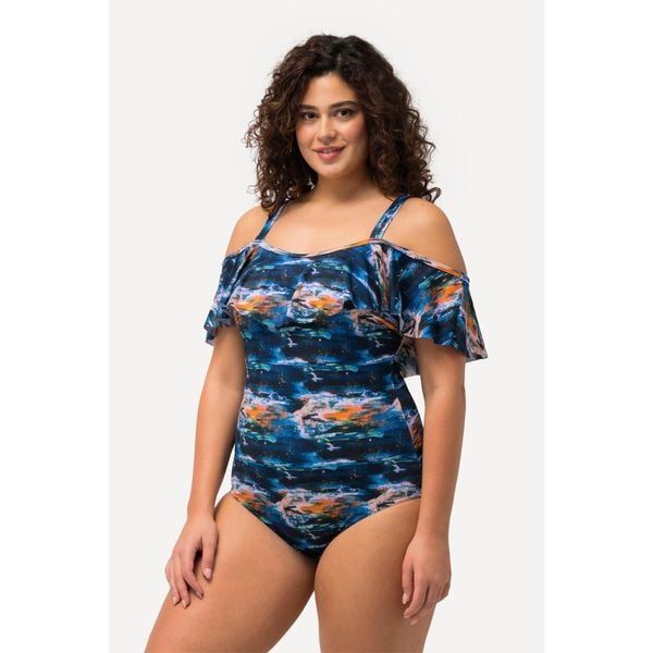 Damski Strój kąpielowy falbana miękkie miseczki ramiączka z regulacją. Niebieskie stroje jednoczęściowe Ulla Popken, bez wzorów, z elastanu. Za 294.99 zł.