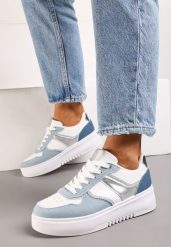 Biało-Niebieskie Sneakersy na Grubej Podeszwie z Brokatowymi Wstawkami Qmalthea. Białe obuwie sportowe damskie Born2be, z materiału, bez zapięcia. Za 89.99 zł.