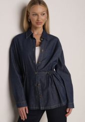 Granatowa Bawełniana Koszula ze Ściagaczami w Pasie Lennada. Niebieskie koszule damskie Born2be, l, bez wzorów, z bawełny, biznesowe, bez kołnierzyka, bez ramiączek. Za 139.99 zł.