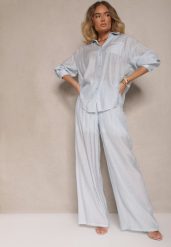 Jasnoniebieskie Spodnie Palazzo High Waist z Szeroką Nogawką i Gumką w Talii Jenarielis. Niebieskie spodnie materiałowe damskie Renee, bez wzorów, z jeansu. Za 69.99 zł.