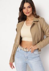 Beżowa Kurtka Ramoneska z Asymetrycznym Suwakiem Inika. Brązowe kurtki damskie Born2be, l, bez wzorów, z jeansu, bez kaptura. Za 49.99 zł.