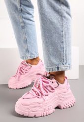 Różowe Sneakersy z Grubymi Sznurówkami na Niskiej Platformie Lasandre. Czerwone obuwie sportowe damskie Renee, bez zapięcia. Za 119.99 zł.