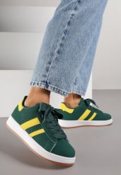 Zielone Sneakersy na Niskiej Platformie z Naszywkami Flordexia. Zielone obuwie sportowe damskie Renee, z jeansu, bez zapięcia. Za 89.99 zł.