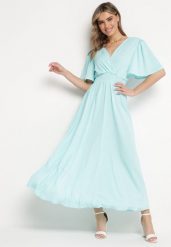 Jasnoniebieska Sukienka z Rozkloszowanymi Rękawami Gumką w Pasie i Wiązaniem na Plecach Larielle. Niebieskie sukienki damskie Born2be, bez wzorów, z bawełny, eleganckie, bez ramiączek. Za 99.99 zł.