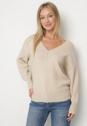 Beżowy Sweter z Kaszmirem z Dekoltem w Serek Plenae. Brązowe swetry klasyczne damskie Born2be, uniwersalny, z kaszmiru, bez kołnierzyka. Za 129.99 zł.