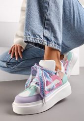 Biało-Fioletowe Sneakersy na Grubej Podeszwie z Ozdobnymi Sznurówkami Edidda. Białe obuwie sportowe damskie Born2be, z jeansu, bez zapięcia. Za 64.99 zł.