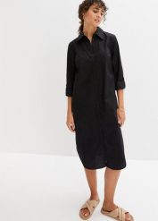 Sukienka szmizjerka z bawełnianej popeliny. Czarne sukienki damskie bonprix, bez wzorów, z bawełny, bez ramiączek. Za 129.99 zł.