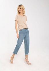 Spodnie jeansowe damskie, Mom Fit, D-TELLSY. Niebieskie rurki damskie Volcano, bez wzorów, z bawełny. Za 139.99 zł.