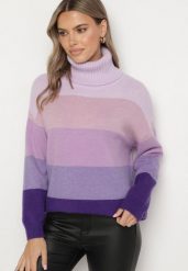 Fioletowy Golf Klasyczny Zimowy Sweter z Kaszmirem Aziena. Fioletowe golfy damskie Born2be, bez wzorów, z jeansu, bez ramiączek. Za 119.99 zł.