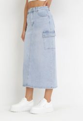 Jasnoniebieska Jeansowa Spódnica Midi z Szerokimi Kieszeniami Varsha. Niebieskie spódnice damskie Born2be, s, bez wzorów, z jeansu, midi. Za 64.99 zł.
