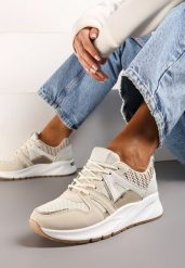 Beżowe Sneakersy z Siateczkowymi i Metalicznymi Zdobieniami Detama. Brązowe obuwie sportowe damskie Renee, z materiału, bez zapięcia. Za 99.99 zł.