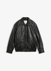 Kurtka bomberka oversize ze skóry jagnięcej nappa. Czarne kurtki damskie bonprix, bez wzorów, ze skóry, bez kaptura. Za 689.99 zł.
