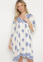 Niebiesko-Kremowa Sukienka w Stylu Boho z Wiskozą Davivara. Niebieskie sukienki damskie Born2be, z aplikacjami, z wiskozy, boho, bez ramiączek. Za 99.99 zł.
