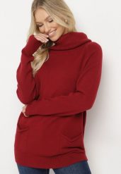 Bordowy Golf z Wiskozą Zdobiony Wsuwanymi Kieszonkami Viaela. Czerwone golfy damskie Born2be, l, z aplikacjami, z jeansu, bez ramiączek. Za 84.99 zł.
