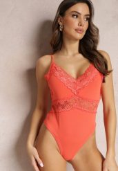 Pomarańczowe Body z Koronką Przy Dekolcie i Regulowanymi Ramiączkami Stela. Brązowe body i gorsety Renee, bez wzorów, z koronki. Za 34.99 zł.