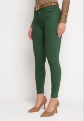Ciemnozielone Jeansy Skinny z Paskiem Barise. Zielone jeansy damskie Born2be, bez wzorów, z jeansu. Za 59.99 zł.