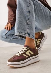 Brązowe Sneakersy na Platformie z Geometrycznym Motywem Hippiopis. Brązowe obuwie sportowe damskie Renee, z jeansu, bez zapięcia. Za 89.99 zł.