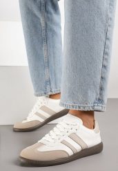 Beżowo-Białe Płaskie Sneakersy Ozdobione Paskami Glaria. Brązowe obuwie sportowe damskie Born2be, z jeansu, bez zapięcia. Za 89.99 zł.