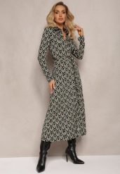 Zielona Koszulowa Sukienka Maxi w Geometryczny Wzór z Paskiem Oniufe. Zielone sukienki damskie Renee, bez wzorów, z materiału, bez ramiączek. W wyprzedaży za 95.99 zł.