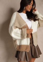 Brązowy Kardigan z Domieszką Wełny i Wiskozy w Patchworkowym Stylu Fesolinne. Brązowe kardigany damskie Renee, s, bez wzorów, z jeansu. Za 149.99 zł.