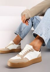 Ciemnobeżowe Casualowe Sneakersy na Płaskiej Podeszwie z Perforacją Theneria. Brązowe obuwie sportowe damskie Renee, z jeansu, bez zapięcia. Za 74.99 zł.