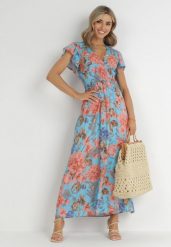 Niebieska Sukienka Maxi w Kwiaty z Gumką w Pasie Shepes. Niebieskie sukienki damskie Born2be, z aplikacjami, z tkaniny, bez ramiączek. Za 109.99 zł.