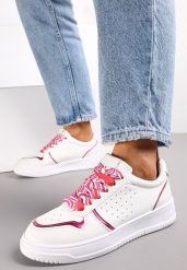 Biało-Różowe Sneakersy z Kolorowymi Sznurówkami i Metalicznymi Wstawkami Lania. Białe obuwie sportowe damskie Renee, bez zapięcia. Za 69.99 zł.