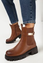 Brązowe Botki na Grubej Podeszwie z Klamerką Venafic. Brązowe botki damskie Born2be, bez obcasa, na płaskiej podeszwie, bez zapięcia. Za 159.99 zł.