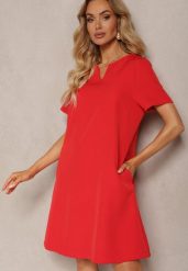 Czerwona Trapezowa Sukienka Mini z Krótkim Rękawem i Kieszeniami Vrea. Czerwone sukienki damskie Renee, bez wzorów, eleganckie, bez ramiączek. W wyprzedaży za 87.99 zł.