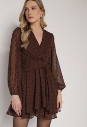 Ciemnobrązowa Sukienka o Rozkloszowanym Kroju w Kropki Liasetia. Brązowe sukienki damskie Born2be, bez wzorów, klasyczne, bez ramiączek. Za 149.99 zł.