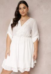Biała Sukienka Mini z Gumką w Talii i Koronkowymi Wstawkami Kelia. Białe sukienki damskie Renee, bez wzorów, z koronki, eleganckie, bez ramiączek. W wyprzedaży za 75.99 zł.