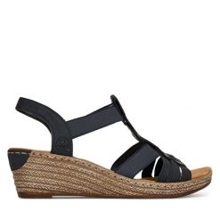 Sandały Rieker. Niebieskie sandały damskie Rieker, bez wzorów, bez obcasa, na koturnie, bez zapięcia. Za 319.99 zł.