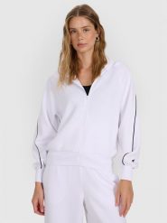 4F Bluza dresowa rozpinana z kapturem damska - biała L. Białe kardigany damskie 4F, l, bez wzorów, z dresówki. W wyprzedaży za 89.99 zł.