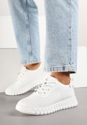 Białe Sneakersy ze Skóry Naturalnej z Perforacją na Tłoczonej Podeszwie Setilora. Białe obuwie sportowe damskie Renee, z jeansu, bez zapięcia. Za 139.99 zł.