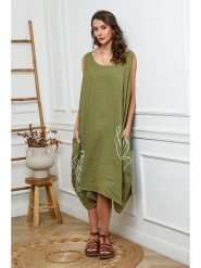 Joséfine Lniana sukienka w kolorze khaki rozmiar: XL. Brązowe sukienki damskie Joséfine, bez wzorów, ze lnu, bez ramiączek. Za 248.45 zł.