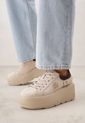 Beżowe Sneakersy Skórzane na Grubej Podeszwie z Plecionym Paskiem i Ozdobą Chalessei. Brązowe obuwie sportowe damskie Born2be, z dresówki, bez zapięcia. Za 189.99 zł.