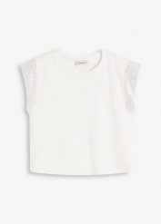 Koszulka z poduszkami na ramionach. Białe bluzki damskie bonprix, bez wzorów, eleganckie, bez kołnierzyka, bez ramiączek. Za 49.99 zł.