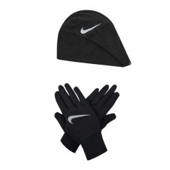 Zestaw Czapka I Rękawiczki Do Biegania Essential Dla Kobiet. Czarne czapki damskie Nike, bez wzorów, z elastanu. Za 194.99 zł.