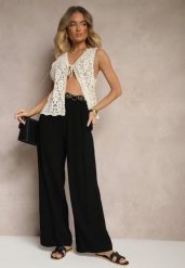 Czarne Spodnie Palazzo o Szerokim Kroju High Waist Ozdobione Wiązaniem Sonariella. Czarne spodnie materiałowe damskie Renee, bez wzorów, z jeansu. Za 59.99 zł.