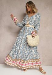 Niebieska Wiskozowa Sukienka z Printem w Stylu Boho z Chwostami Erianea. Niebieskie sukienki damskie Renee, bez wzorów, z wiskozy, boho, bez ramiączek. W wyprzedaży za 63.99 zł.