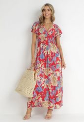 Czerwona Sukienka Maxi w Kwiaty z Gumką w Pasie Shepes. Czerwone sukienki damskie Born2be, z aplikacjami, z tkaniny, bez ramiączek. Za 109.99 zł.