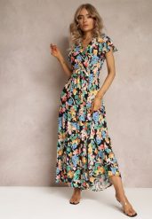 Czarna Rozkloszowana Sukienka Maxi w Kwiaty Moirane. Czarne sukienki damskie Renee, z aplikacjami, z materiału, bez ramiączek. W wyprzedaży za 75.99 zł.