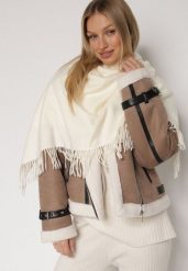 Jasnobeżowy Trójkątny Szalik z Wiskozy i Bawełny z Frędzlami Vetirala. Brązowe szaliki damskie Born2be, bez wzorów, z bawełny. Za 44.99 zł.