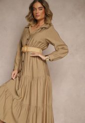 Ciemnobeżowa Wiskozowa Sukienka o Koszulowym Kroju z Paskiem z Klamrą Feluriela. Brązowe sukienki damskie Renee, bez wzorów, z wiskozy, eleganckie, bez ramiączek. W wyprzedaży za 75.99 zł.